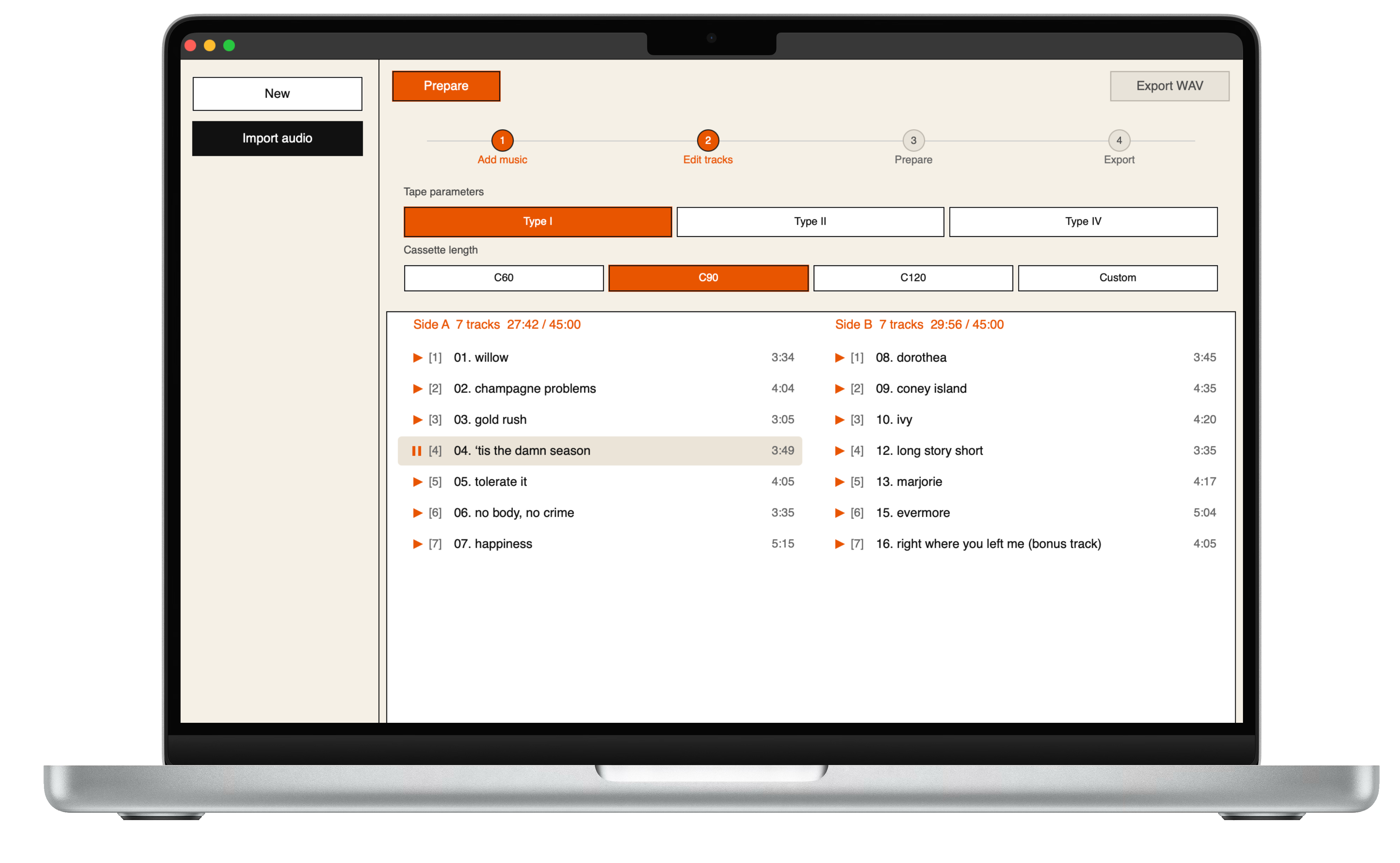 Deck on MacBook — mixtape editor with Side A and Side B track lists, tape parameters, and wizard steps